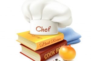 Chef and cooking realistic concept with cook books hat and onion vector illustration